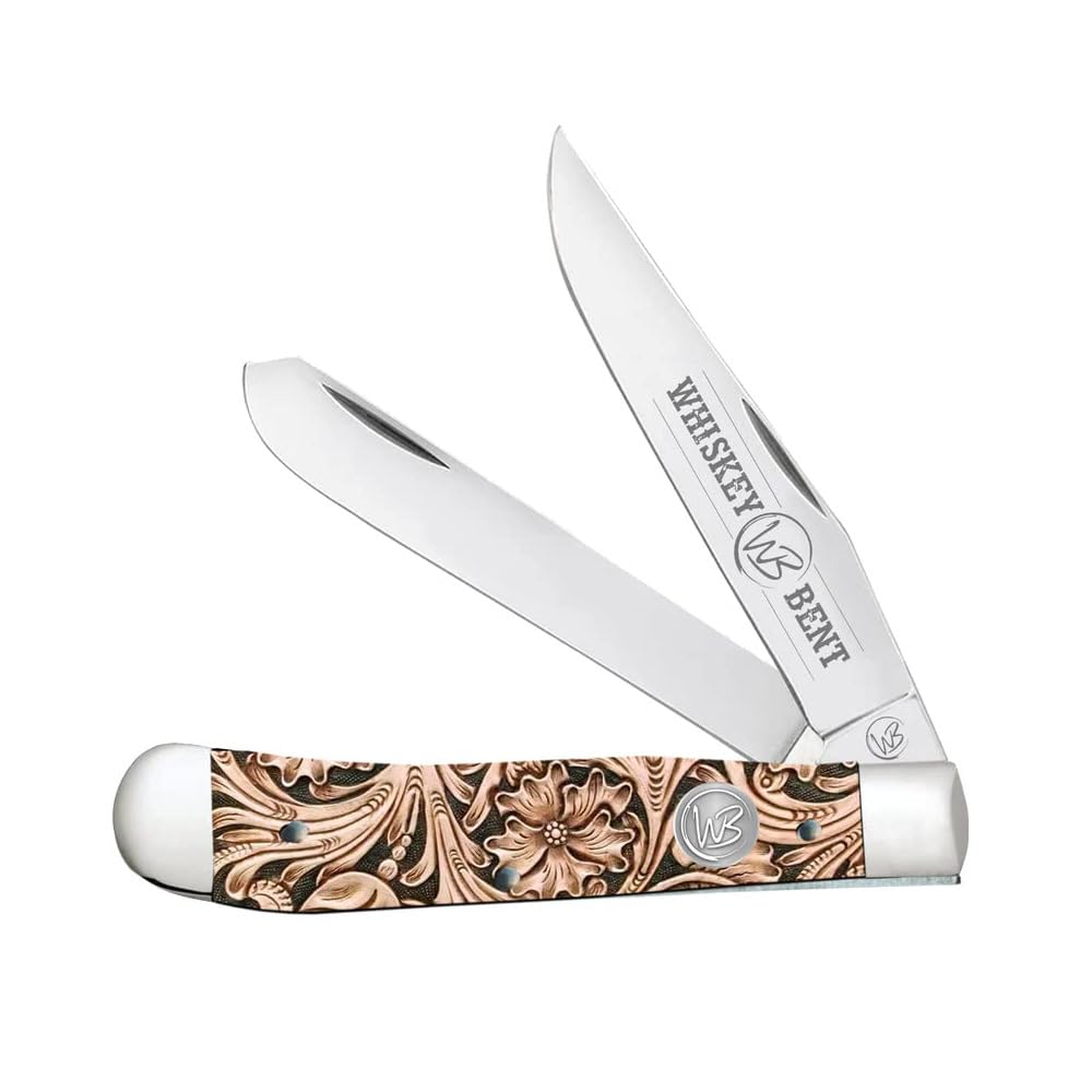 WHISKEY BENT HAT CO. Traditional Trapper Folding Pocket Knife 4.125" Closed Length 440C Stainless Steel Blades (Floral Tool)