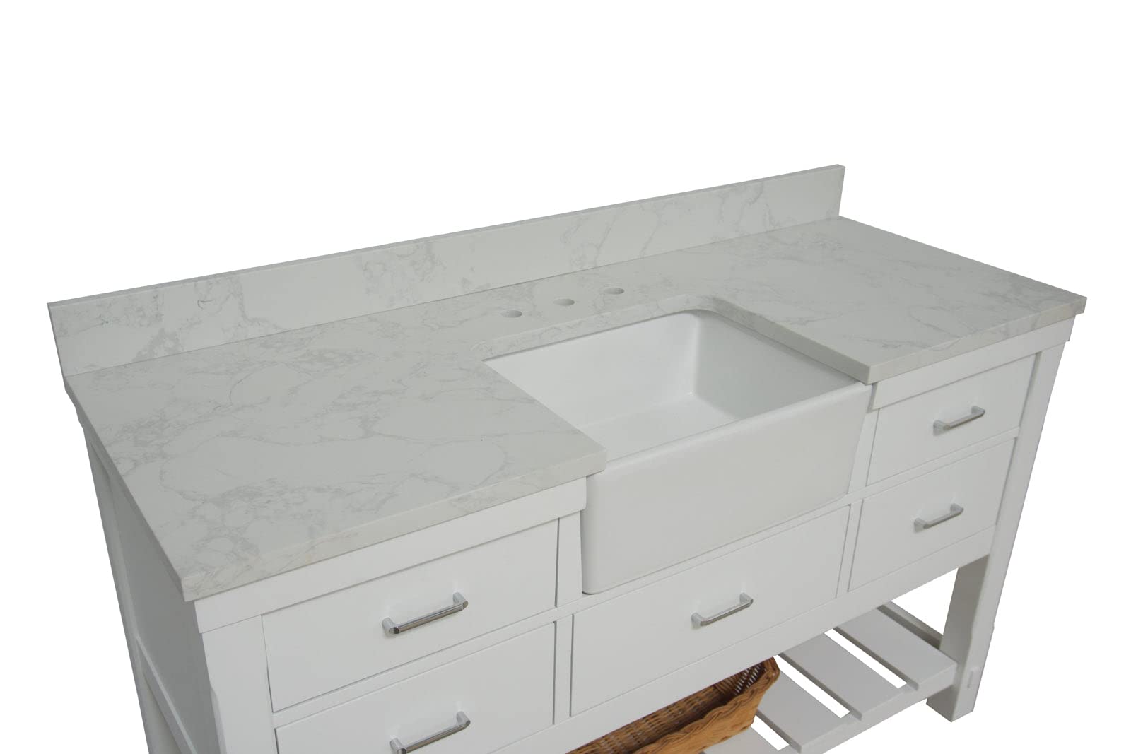 Kitchen Bath Collection Charlotte 60-inch Single Farmhouse Vanity (Engineered Carrara/White): Includes White Cabinet with Engineered Carrara Countertop and White Ceramic Apron Sink