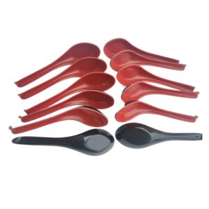 plastic large soup spoons with long handle, red and black wonton rice spoons for noodles chinese won ton (12 pack)