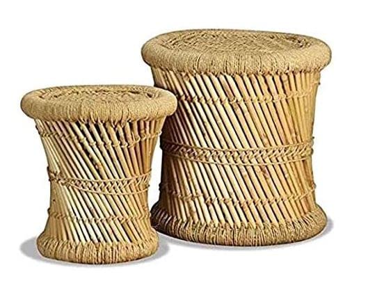 KAM Home Handicrafts Bamboo Stool MUDDA Stool Set of 2 PCS Chair/Stool/Muddha/Mudda for Outdoor Indoor Furnishing 2 Piece