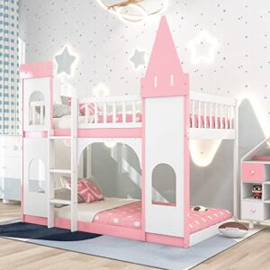 Merax Twin Size Loft Bed Low Bunk Bed, Castle Shaped Wood Bed Frames with Safety Guardrails for Boys or Girls, Pink