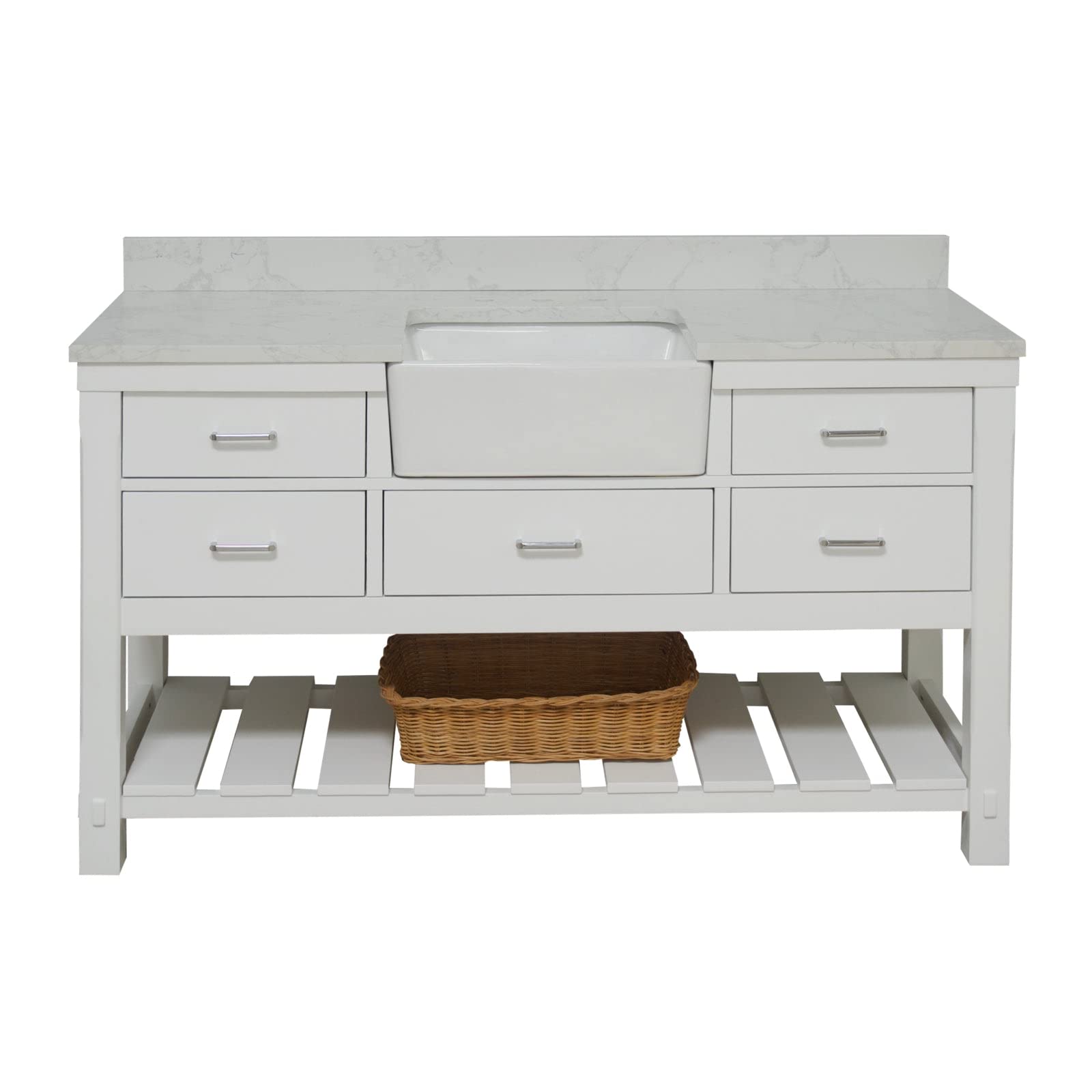 Kitchen Bath Collection Charlotte 60-inch Single Farmhouse Vanity (Engineered Carrara/White): Includes White Cabinet with Engineered Carrara Countertop and White Ceramic Apron Sink