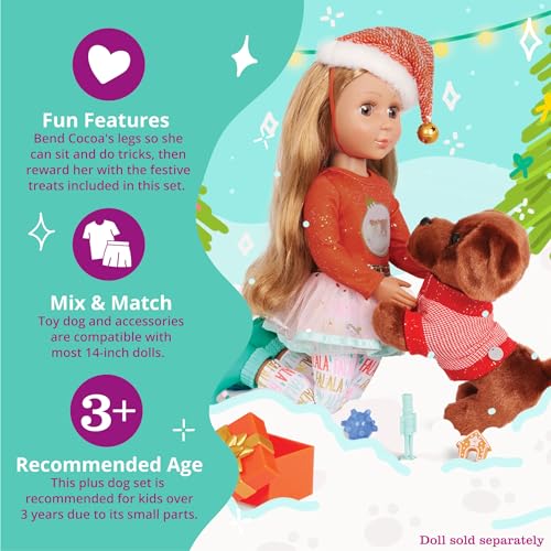 Glitter Girls – Holiday Puppy Set – 18pcs Accessory Set & 6-inch Plush – Dog Bed & Sweater – Pillow, Jingle Bells & More – 3 Years + – Cocoa & Holiday Pup Set