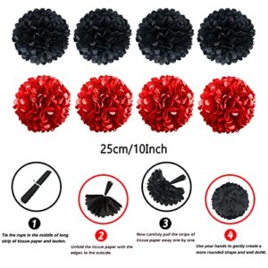 ZERODECO Party Decorations, 41 Pcs Black and Red Papar Fans Pompoms Garlands String Tissue Paper Tassel for Graduation Bridal Baby Shower Wedding Boy Girl Birthday Party