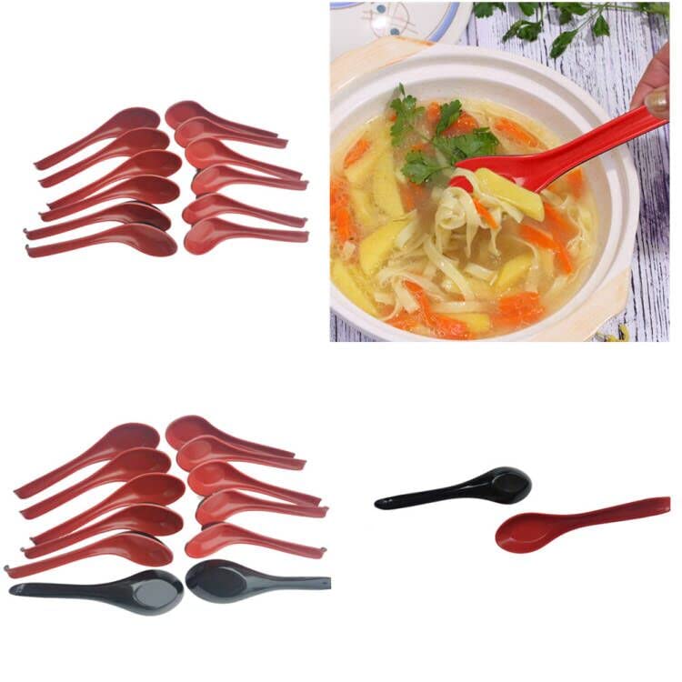 Plastic Large Soup Spoons with Long Handle, Red and Black Wonton Rice Spoons for Noodles Chinese Won Ton (12 Pack)