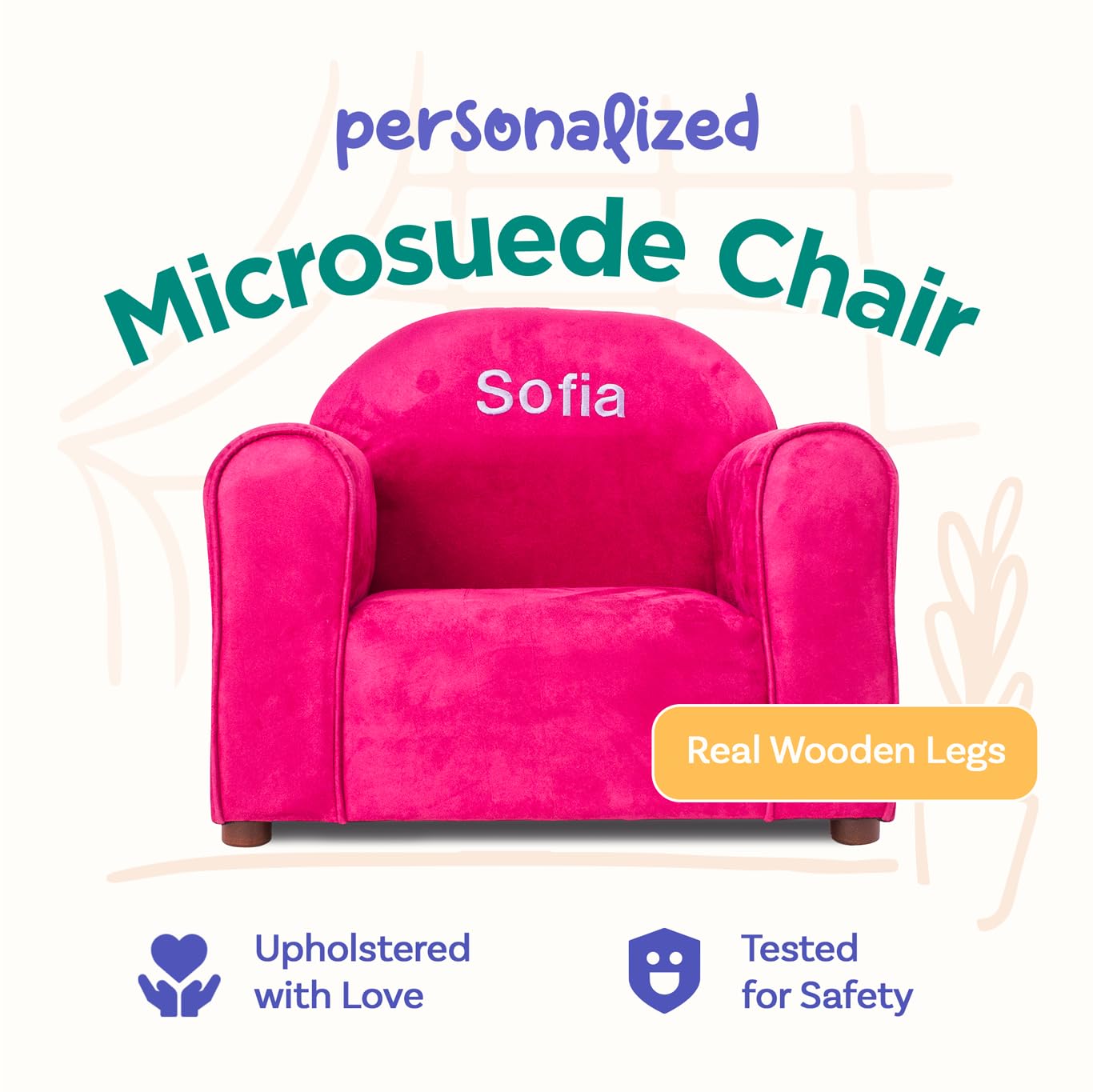 KEET Personalized Toddler Chair, Customize with Name, Personalized Kids Chair, Embroidered with Name, Kids Armchair Personalized, Easy to Coordinate, Ages 2-5 Years Kid Sofa Chair, Microsuede Hot Pink