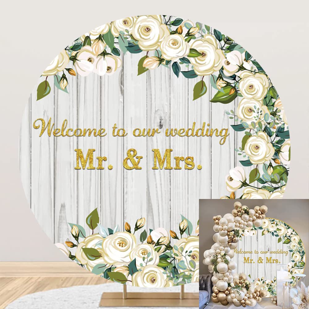 Yeele 7x7ft Mr & Mrs Wedding Round Backdrop Wooden Texture White Rose Floral Photography Background Bride and Groom Engaged Ceremony Anniversary Bridal Shower Party Supplies Photo Booth Props