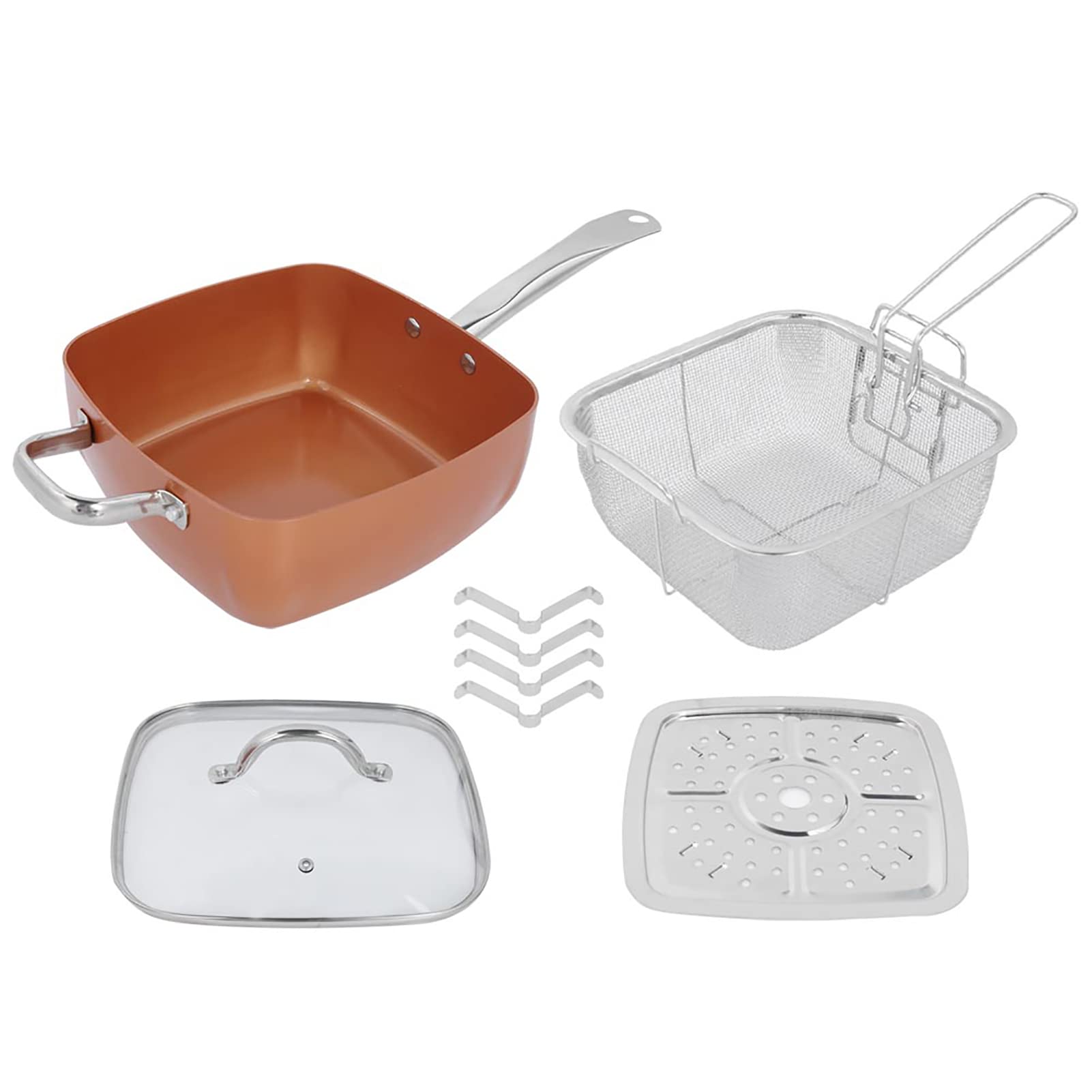 Frying Pan, 4Pcs Stainless Steel Saucepan Portable Non Stick Deep Fryer Multifunctional Kitchen Wok Chip Pans with Basket and Lid 25cm for Steak Chips Crab