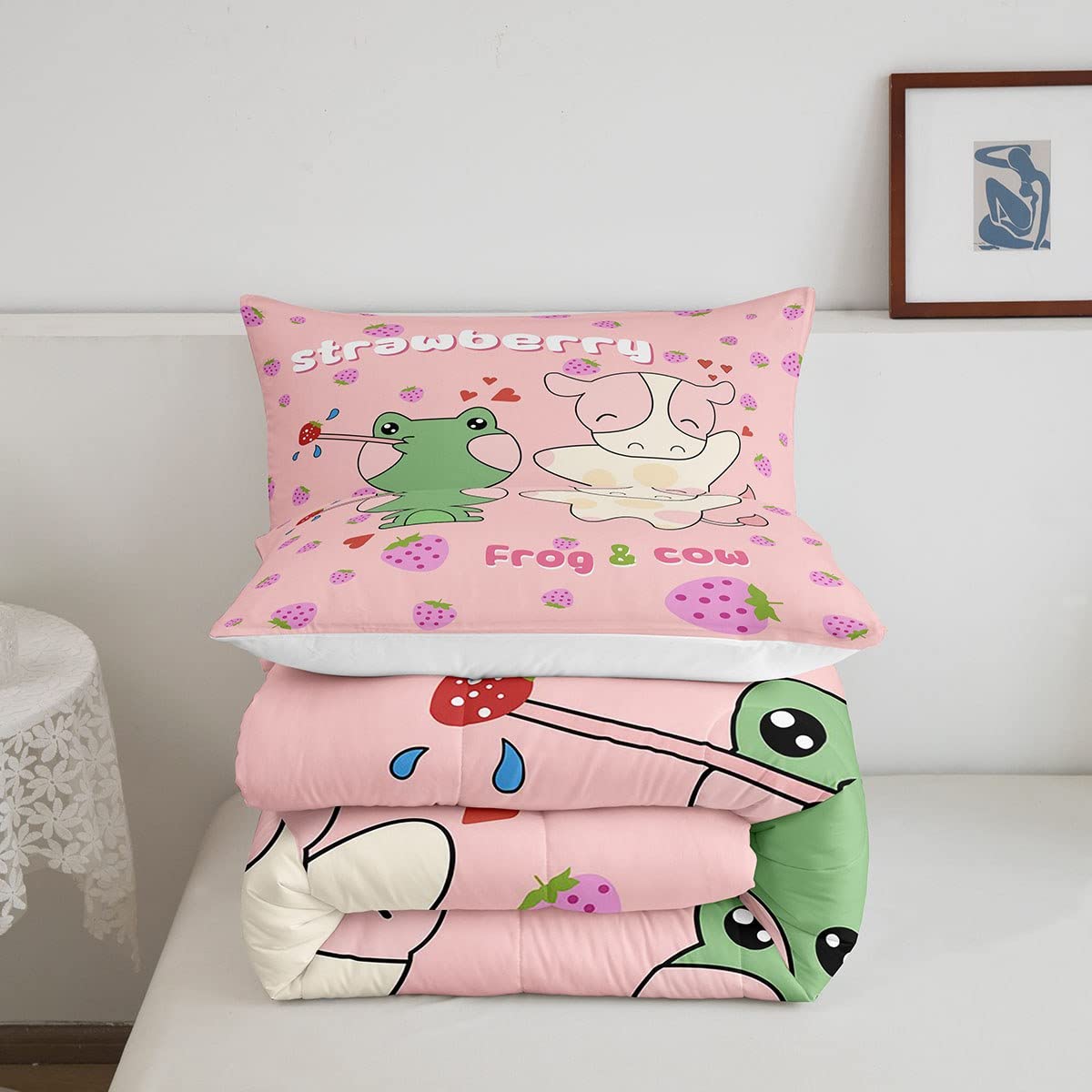 Erosebridal Cute Cow Frog Bedding Set Pink Strawberry Bedding Comforter Sets Cow Print Duvet Insert Animal Theme Quilted Comforter 3 Piece with 2 Pillow Sham, Cartoon Style Room Decor Kids Girls Boys