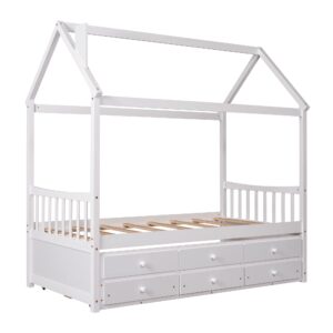 Bellemave Twin House Bed with Trundle and 3 Storage Drawers, Twin Captain's Beds Wooden Storage Daybed Frame for Kids Teens Boys Girls (Twin Size, White)