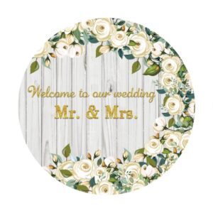 Yeele 7x7ft Mr & Mrs Wedding Round Backdrop Wooden Texture White Rose Floral Photography Background Bride and Groom Engaged Ceremony Anniversary Bridal Shower Party Supplies Photo Booth Props