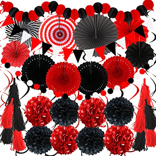 ZERODECO Party Decorations, 41 Pcs Black and Red Papar Fans Pompoms Garlands String Tissue Paper Tassel for Graduation Bridal Baby Shower Wedding Boy Girl Birthday Party