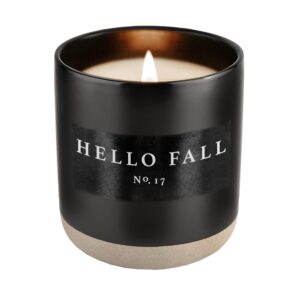 sweet water decor hello fall candle - cinnamon apples cloves & nutmeg fall scented candle for home - 100% cotton wick soy wax candles with 60 hour burn time made in the usa - 12oz black stoneware jar