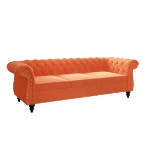 Chesterfield Sofa Velvet, Modern Tufted Couch 3 Seater with Rolled Arms and Nailhead for Living Room, Bedroom, Office, Apartment (Orange)