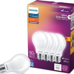 PHILIPS LED Flicker-Free Frosted Dimmable A19 Light Bulb - EyeComfort Technology - 450 Lumen - Soft White (2700K) - 5W=40W - E26 Base - Title 20 Certified - Ultra Definition - Indoor - 4-Pack