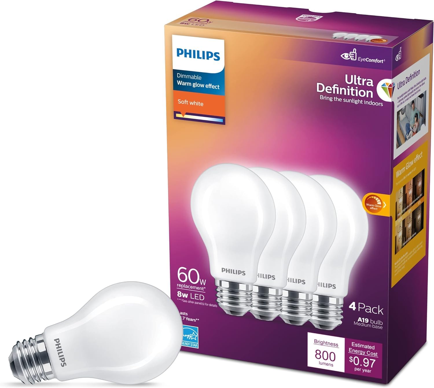 PHILIPS LED Flicker-Free Frosted Dimmable A19 Light Bulb - EyeComfort Technology - 450 Lumen - Soft White (2700K) - 5W=40W - E26 Base - Title 20 Certified - Ultra Definition - Indoor - 4-Pack