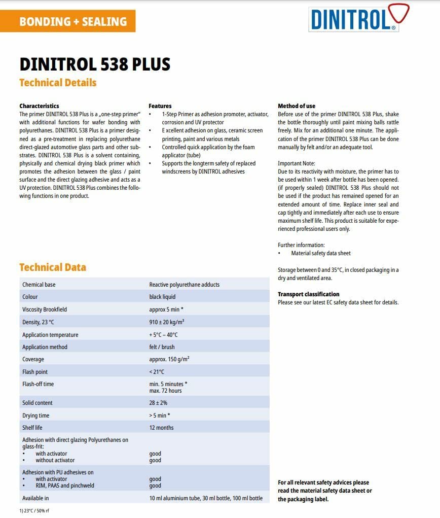 DINITROL 538 PLUS black 30ml Glass and Pinchweld Primer Bottle with Daubers