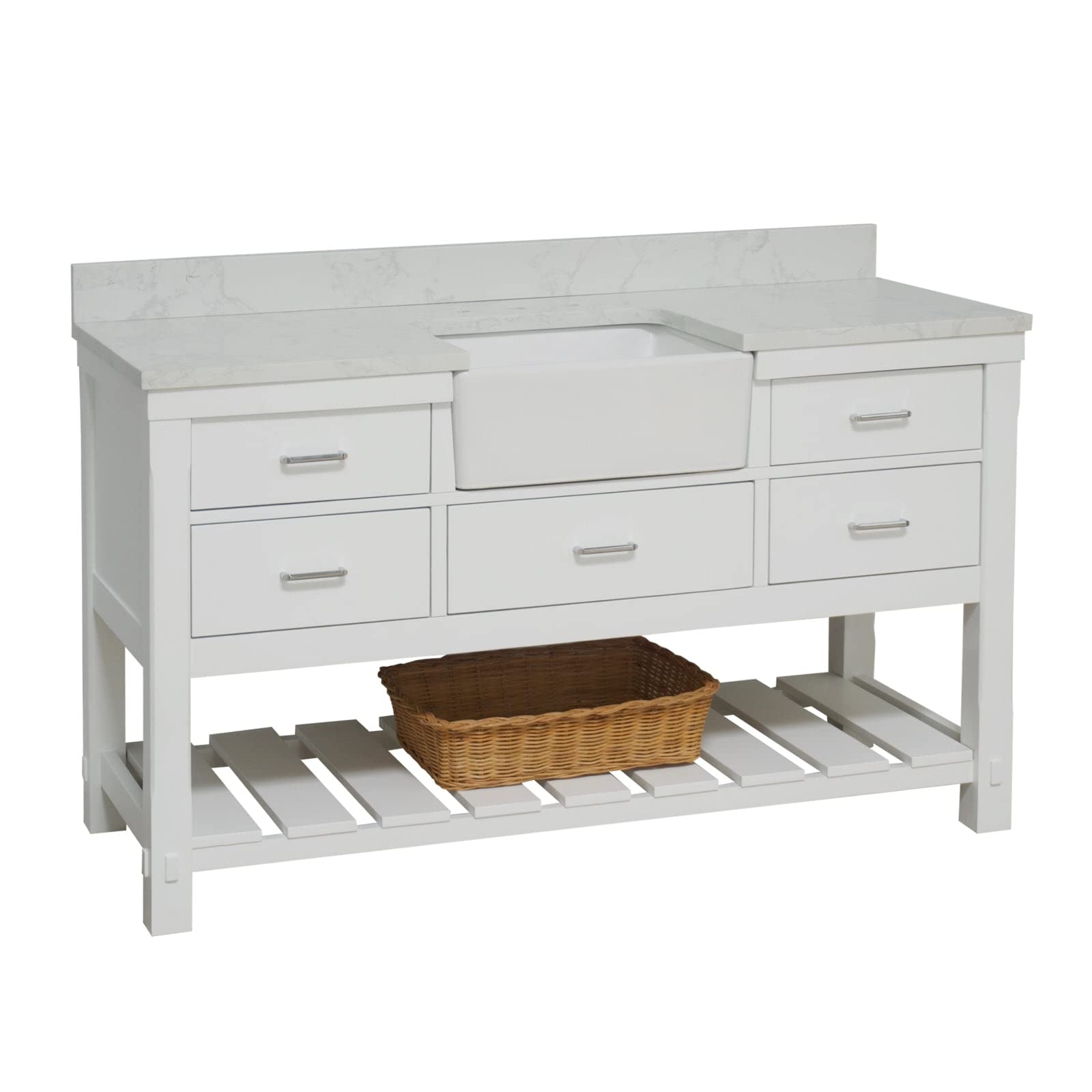 Kitchen Bath Collection Charlotte 60-inch Single Farmhouse Vanity (Engineered Carrara/White): Includes White Cabinet with Engineered Carrara Countertop and White Ceramic Apron Sink