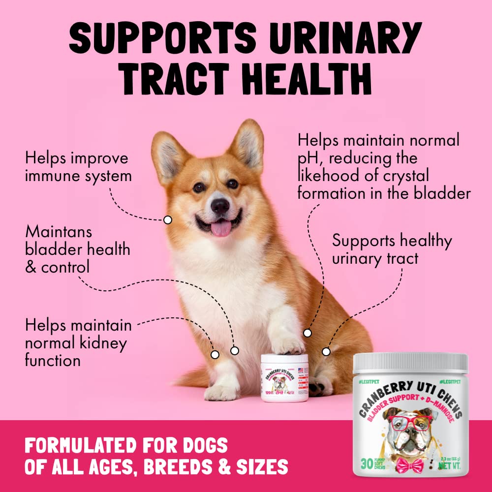 Cranberry UTI Chews for Dogs Bladder Support + D-Mannose Supports Kidney Urinary Tract and Bladder Health Natural Cranberry Wellness Supplement Immune System Booster Natural Pet Antioxidant 30 Chews