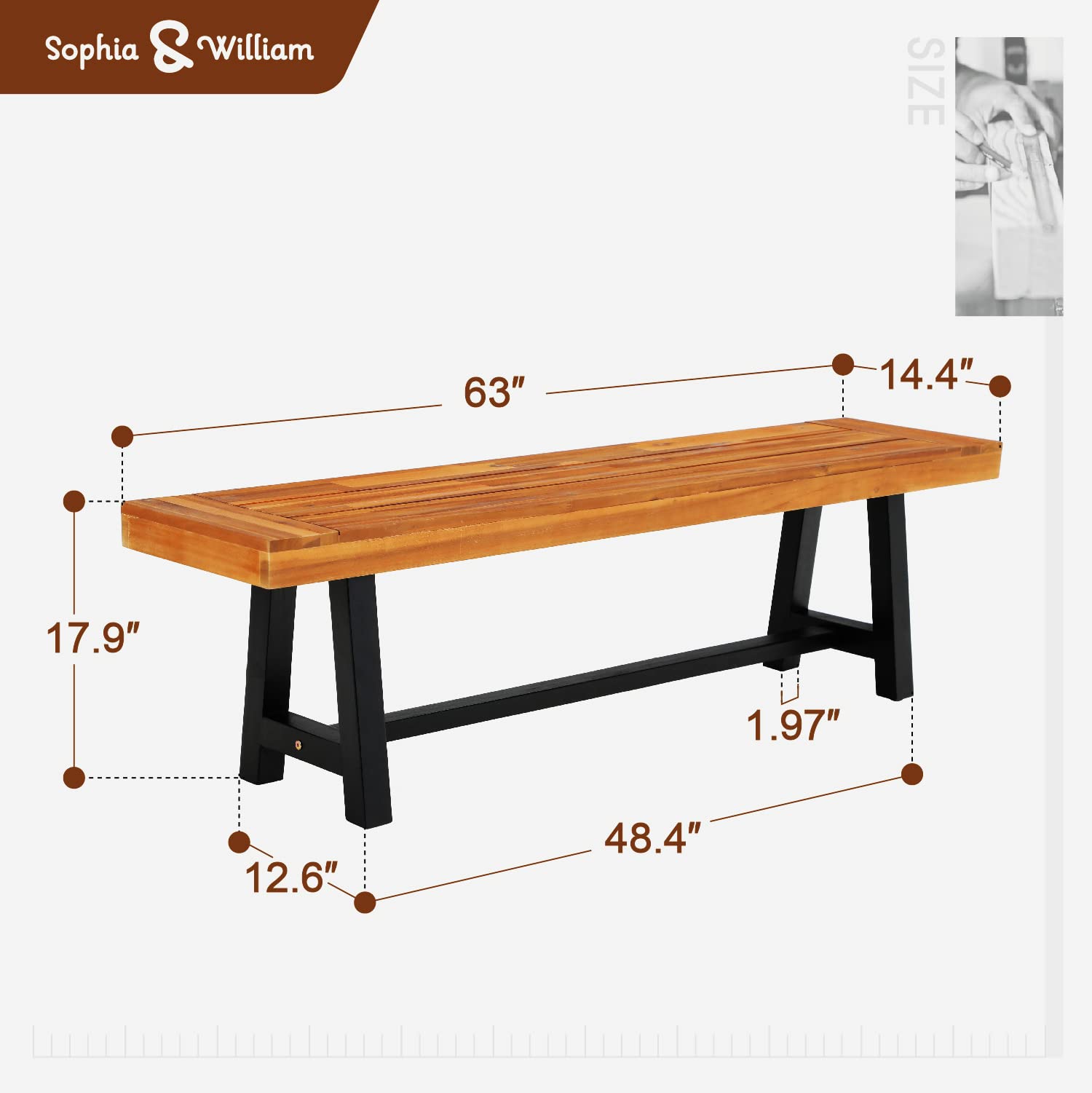 Sophia & William Acacia Wood Bench 1 Pack, Outdoor Oil Fininshed Backless Slim Wooden Bench for Patio Porch Yard Garden Yard Lawn, Teak Color