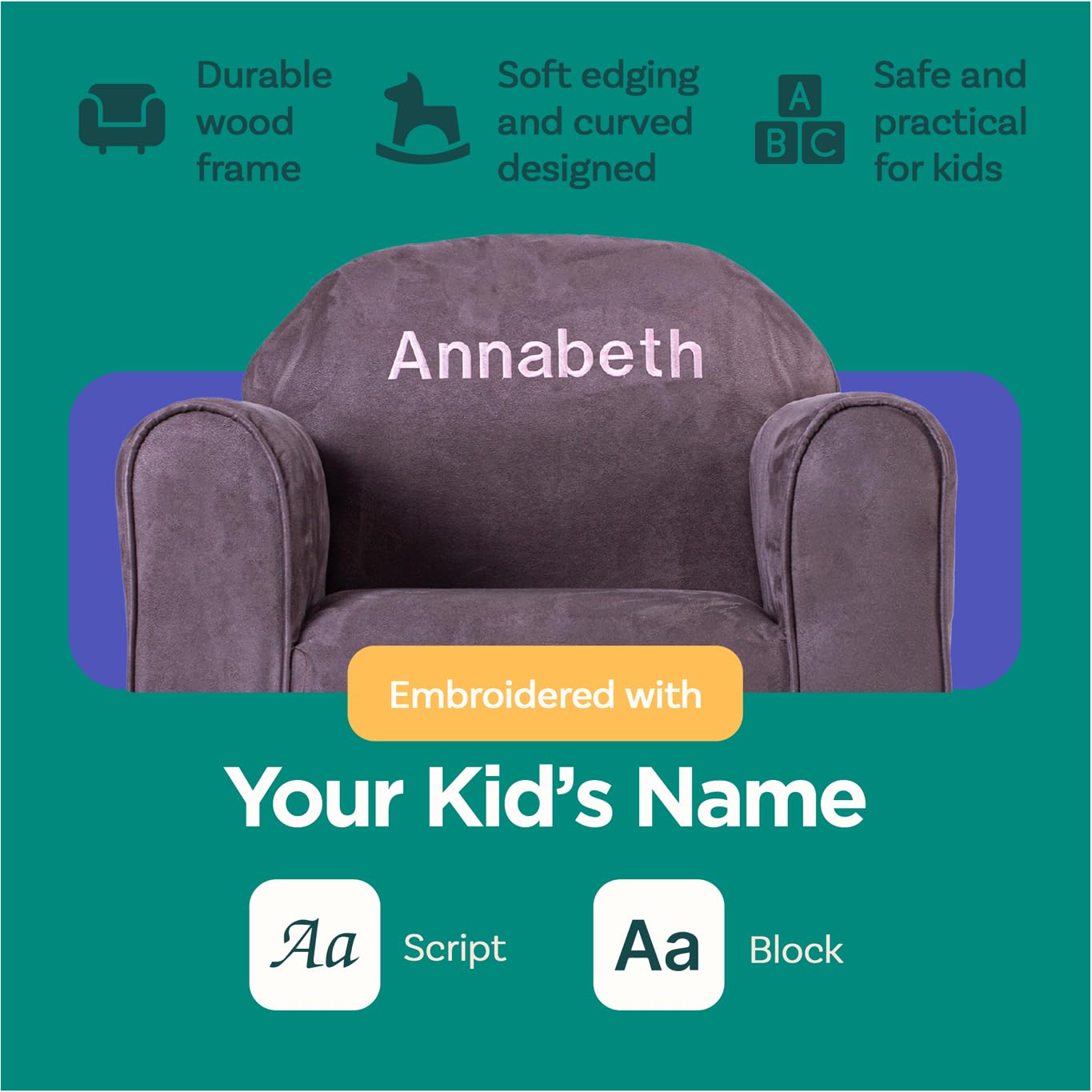 KEET Personalized Toddler Chair, Customize with Name, Personalized Kids Chair, Embroidered with Name, Kids Armchair Personalized, Easy to Coordinate, Ages 2-5 Years Kid Sofa Chair, Microsuede Charcoal