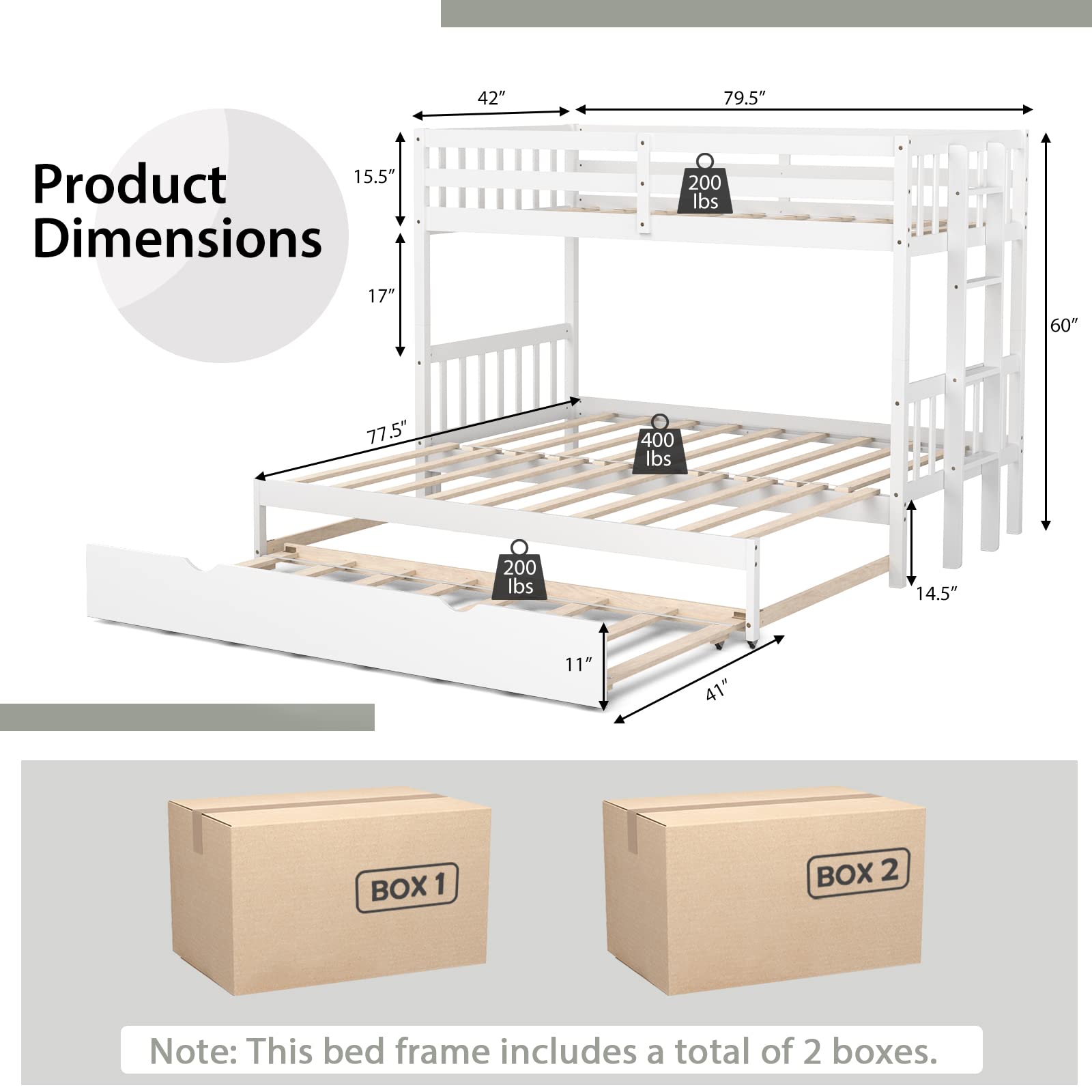 KOTEK Pull-Out Bunk Bed with Trundle, Twin Over Full, Twin Over 2 Twins Bunk Bed with Ladder & Safety Rails Accommodate 4 People, Detachable Solid Wood Bunk Bed for Kids, Adults (White)