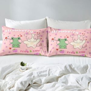 Erosebridal Cute Cow Frog Bedding Set Pink Strawberry Bedding Comforter Sets Cow Print Duvet Insert Animal Theme Quilted Comforter 3 Piece with 2 Pillow Sham, Cartoon Style Room Decor Kids Girls Boys