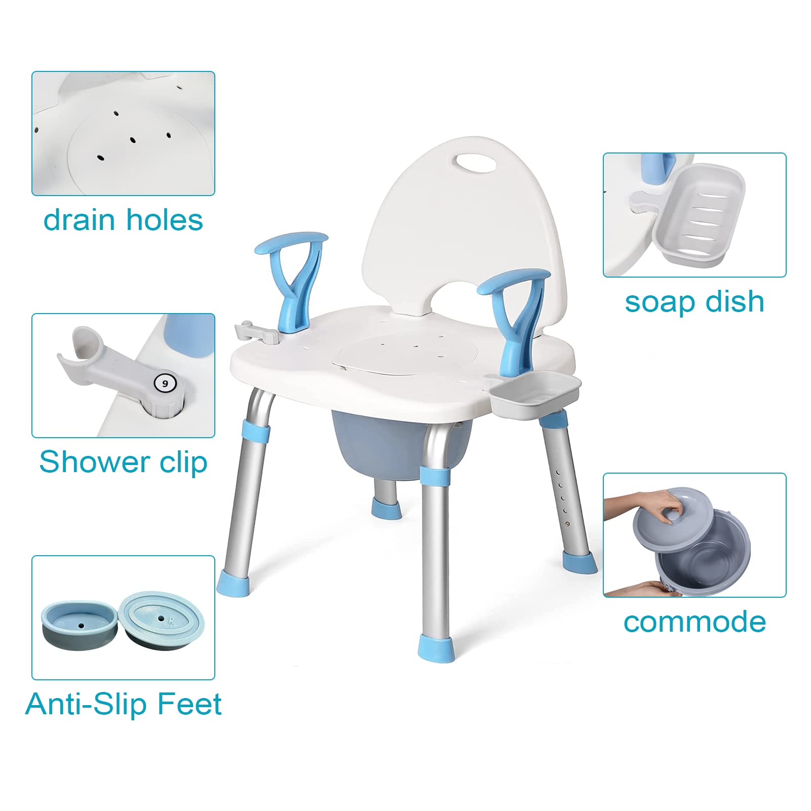 2 in 1 450lbs Shower Chair for Inside Shower Bath Seat with Commode Bath Bench with Back and Arms Bathroom Shower Seat for Senior and Disabled