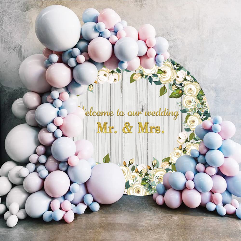 Yeele 7x7ft Mr & Mrs Wedding Round Backdrop Wooden Texture White Rose Floral Photography Background Bride and Groom Engaged Ceremony Anniversary Bridal Shower Party Supplies Photo Booth Props