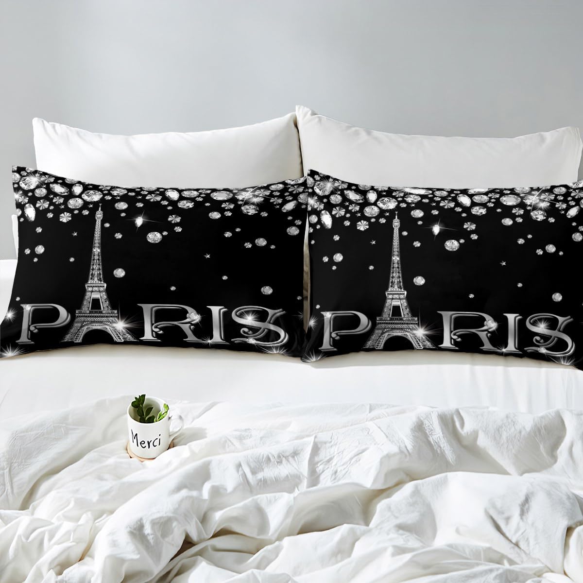 Eiffel Tower Sheet Set Full Size,Romantic Paris Tower Bed Sheets for Teens Adult,Gradient Diamond Bedding Set,Black White Sparkles Sequins Valentines Fitted Sheet + Top Sheet + 2 Pillow Shams