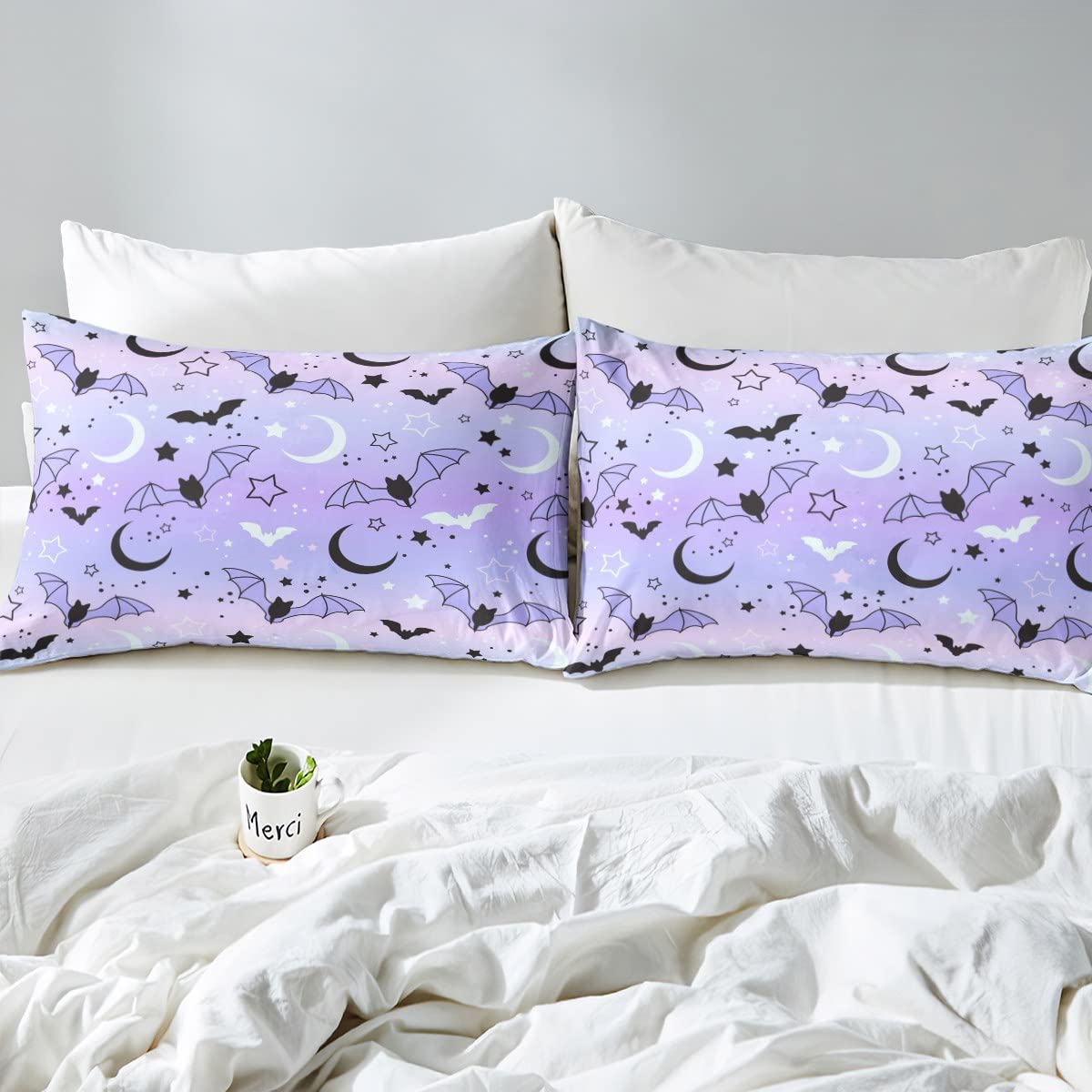 Halloween Comforter Cover Set Rainbow Bedding Set for Boys Girls Children Bat Moon Star Print Bedding Duvet Cover Set Halloween Theme Purple Gradient Style Room Decor Full Size Bedspread Cover 3Pcs