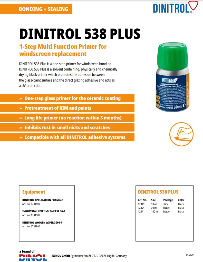 DINITROL 538 PLUS black 30ml Glass and Pinchweld Primer Bottle with Daubers