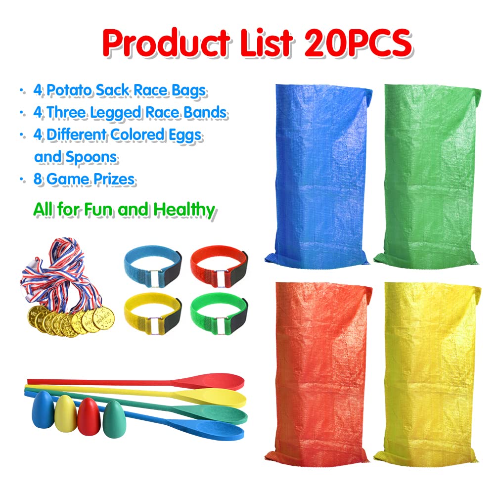 20PCS Outdoor Games Potato Sack Race Bag, 3-Legged Race Bands, with Egg and Spoon Race Lawn Games for Outside Backyard Field Day Birthday Party Games for Kids and Adults.