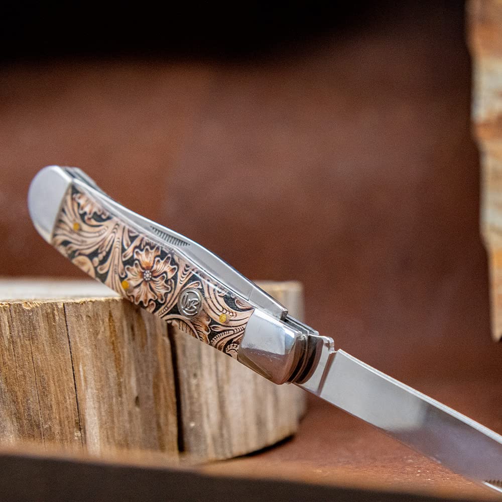 WHISKEY BENT HAT CO. Traditional Trapper Folding Pocket Knife 4.125" Closed Length 440C Stainless Steel Blades (Floral Tool)