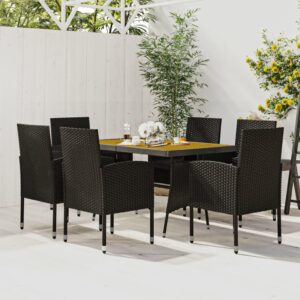 vidaXL Black Poly Rattan 7 Piece Patio Dining Set with Comfortable Cushioned Chairs and Solid Acacia Wood Table – Outdoor Furniture