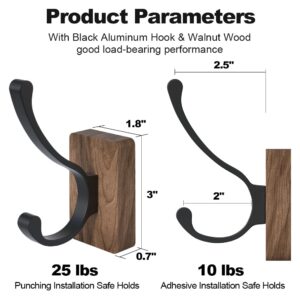 IURRDOP 4 PCS Black Walnut Wood Wall Hooks Adhesive Mounted & Wall Mounted Rustic Decorative Entryway Hooks Mid Century Modern Natural Wooden Pegs for Hanging Coat Clothes Hat Bag Purse and Towel