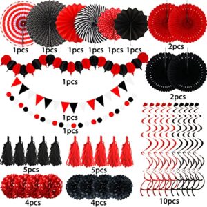 ZERODECO Party Decorations, 41 Pcs Black and Red Papar Fans Pompoms Garlands String Tissue Paper Tassel for Graduation Bridal Baby Shower Wedding Boy Girl Birthday Party