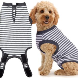 Wabdhally Dog Surgery Recovery Suit,Surgical Suit for Small Female Spay,Soft Combed Cotton,Grey Striped Zipper Onesie S