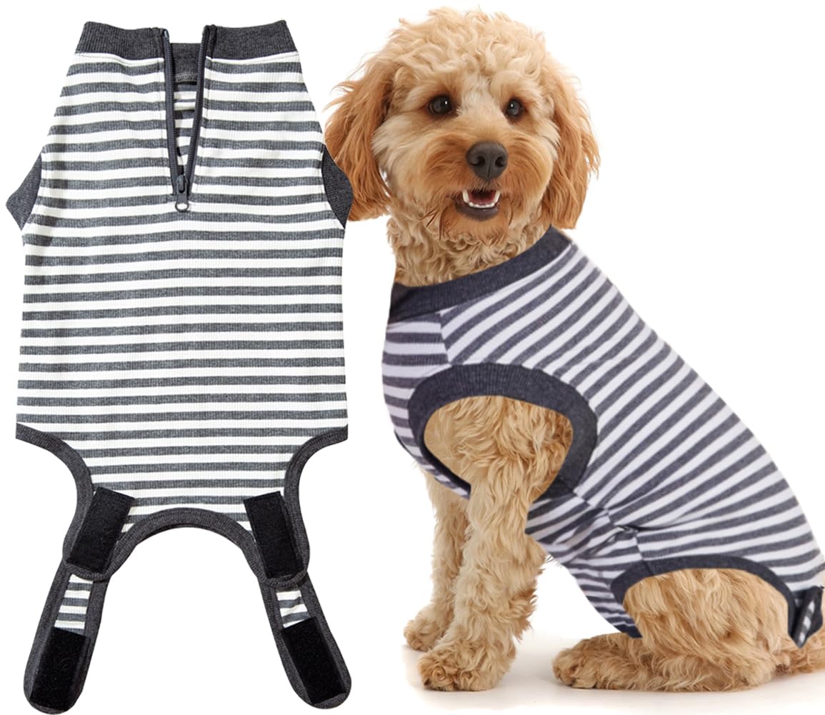 Wabdhally Dog Surgery Recovery Suit,Surgical Suit for Small Female Spay,Soft Combed Cotton,Grey Striped Zipper Onesie S