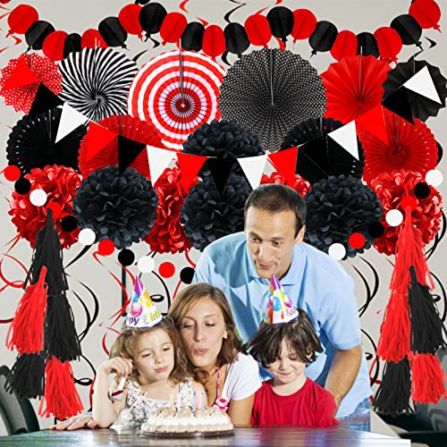 ZERODECO Party Decorations, 41 Pcs Black and Red Papar Fans Pompoms Garlands String Tissue Paper Tassel for Graduation Bridal Baby Shower Wedding Boy Girl Birthday Party