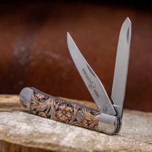 WHISKEY BENT HAT CO. Traditional Trapper Folding Pocket Knife 4.125" Closed Length 440C Stainless Steel Blades (Floral Tool)