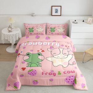 erosebridal cute cow frog bedding set pink strawberry bedding comforter sets cow print duvet insert animal theme quilted comforter 3 piece with 2 pillow sham, cartoon style room decor kids girls boys