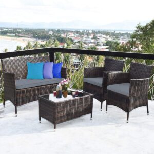 relax4life 4-piece patio furniture set - wicker rattan chairs w/tempered glass coffee table & seat cushions, sofa set for garden backyard porch balcony, outdoor conversation set (grey, 1)