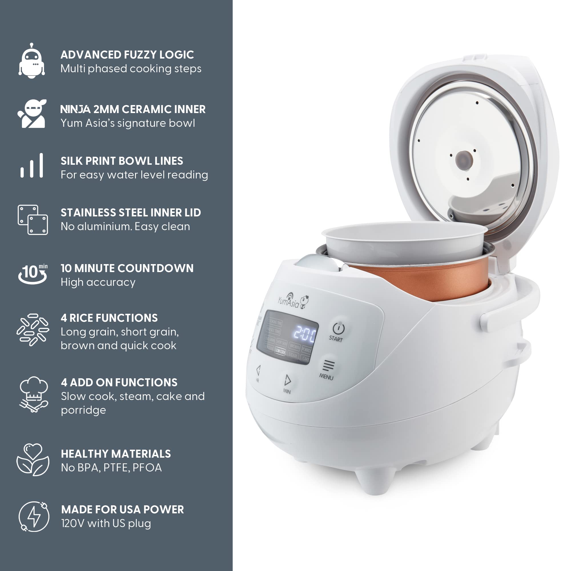 Yum Asia Panda Mini Rice Cooker With Ninja Ceramic Bowl and Advanced Fuzzy Logic (3.5 cup, 0.63 litre) 4 Rice Cooking Functions, 4 Multicooker functions, Digital LED display - 120V