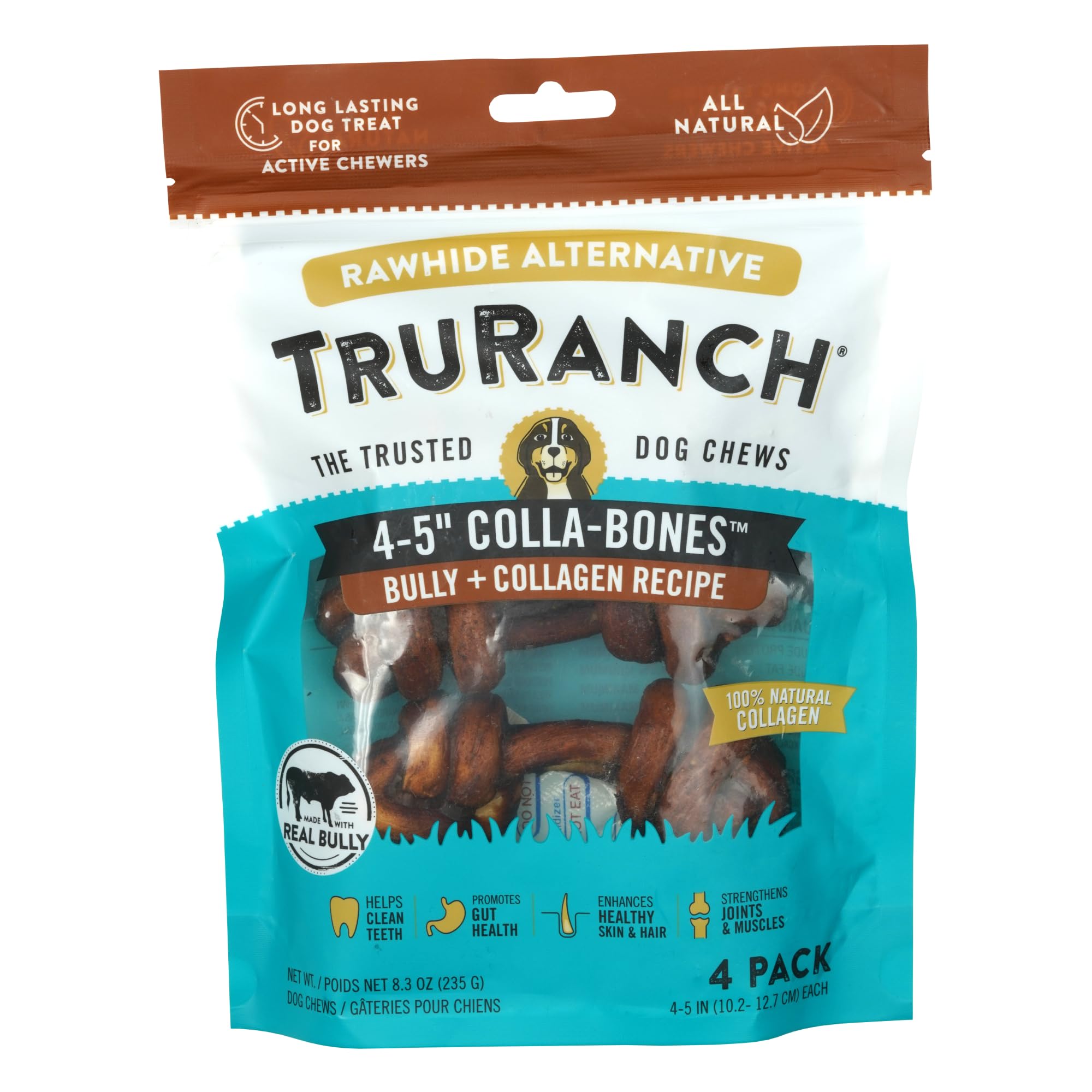 TRURANCH 4-5" Collagen Bones, Bully, Healthy Joint Support Dog Treat, Rawhide Alternative, Skin & Coat Health, 1 Bag, 4 Count