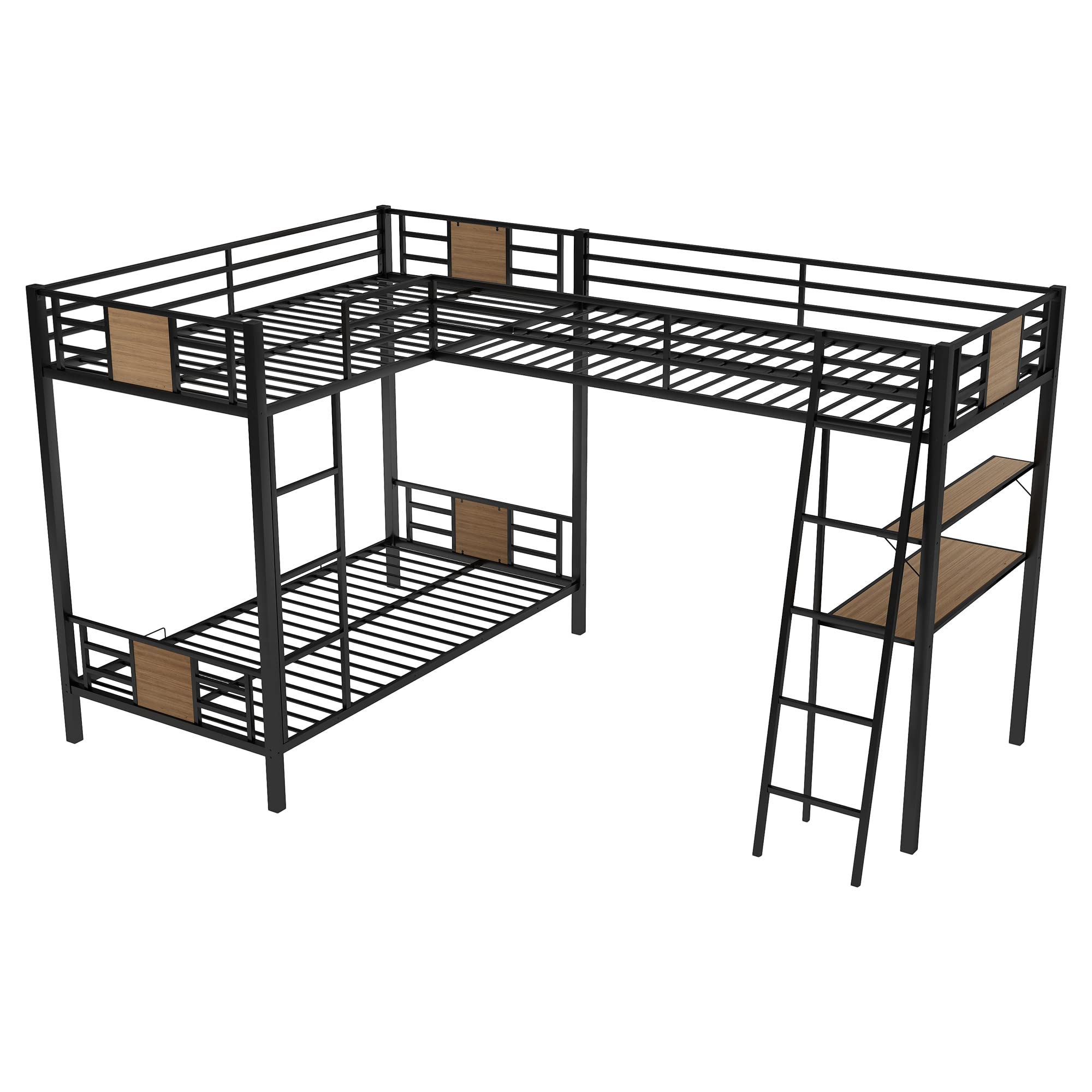 P PURLOVE L-Shaped Triple Metal Bunk Bed, Twin Over Twin Bunk Bed and Twin Loft Bed Attached,High Metal Loft Bed with Desk and Shelf for Kids Teens,Mo Box Spring Need