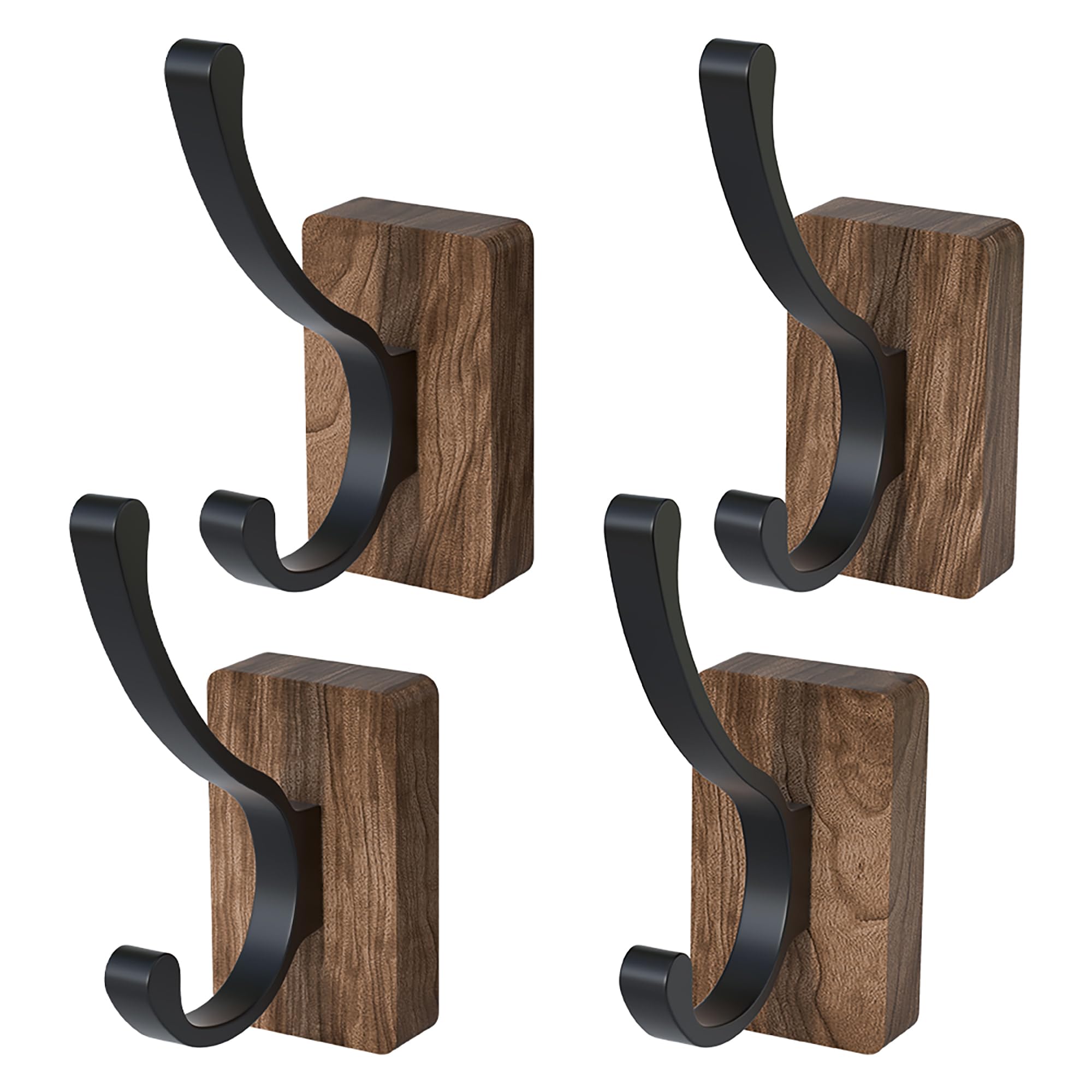 IURRDOP 4 PCS Black Walnut Wood Wall Hooks Adhesive Mounted & Wall Mounted Rustic Decorative Entryway Hooks Mid Century Modern Natural Wooden Pegs for Hanging Coat Clothes Hat Bag Purse and Towel