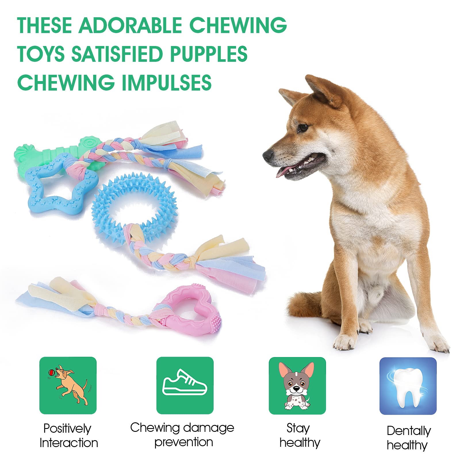 cobee Puppy Teething Chew Toys, 4 Pcs Puppy Toys with Interactive Cotton Ropes for Teething Small Dogs, Rubber Puppy Chew Toys Cute Small Dog Toys for Dogs Oral Teeth Soothe Itching Puppy Chew Toys