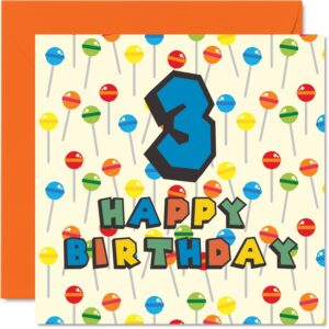 3rd birthday card unisex - lollipop sweets candy - happy birthday card 3 year old son daughter brother sister grandson granddaughter niece nephew cousin, 5.7 x 5.7 inch third bday greeting card