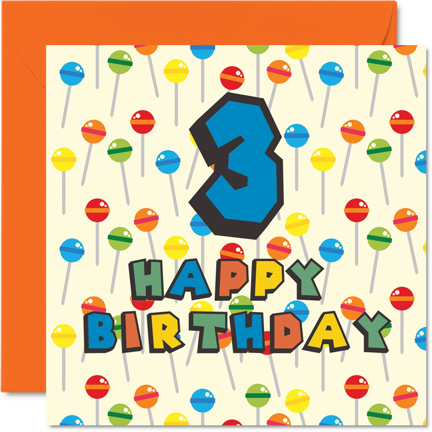 3rd Birthday Card Unisex - Lollipop Sweets Candy - Happy Birthday Card 3 Year Old Son Daughter Brother Sister Grandson Granddaughter Niece Nephew Cousin, 5.7 x 5.7 Inch Third Bday Greeting Card